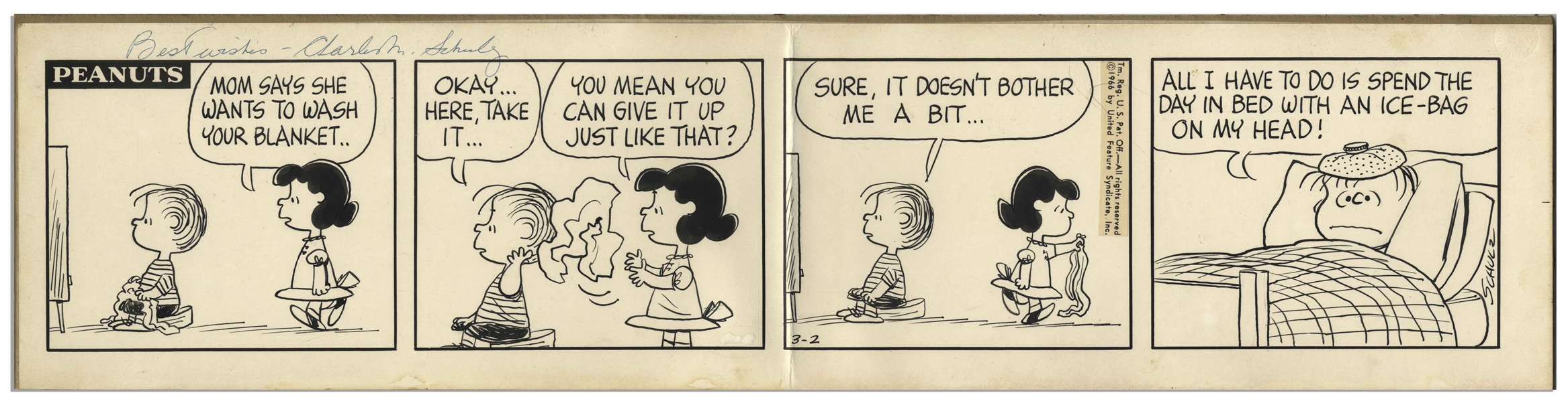 Charles Schulz Original Hand-Drawn ''Peanuts'' Comic Strip -- Linus Misses His Blanket in This 1966 Strip